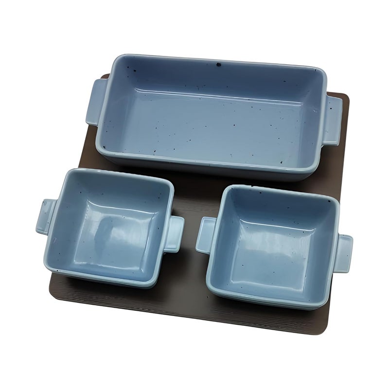 Lemon Tree Ceramic Snack Serving Set 1 Deep Dish Rectangle Bowl 2 Dip Bowls Bamboo Tray Ideal for Serving Snacks Dry Fruits Nuts Desserts Cookies Blue - Image 3