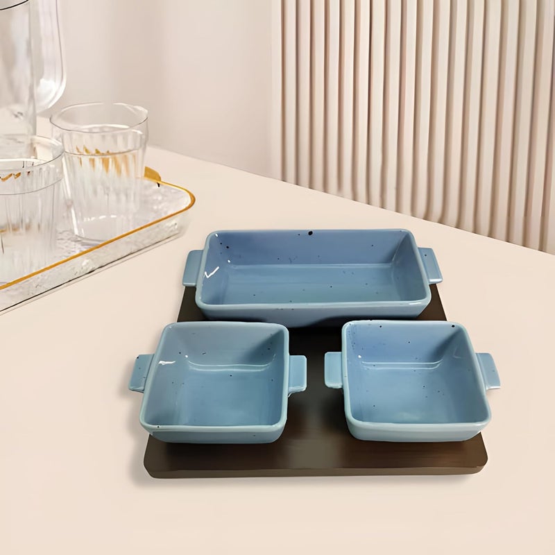 Lemon Tree Ceramic Snack Serving Set 1 Deep Dish Rectangle Bowl 2 Dip Bowls Bamboo Tray Ideal for Serving Snacks Dry Fruits Nuts Desserts Cookies Blue - Image 1