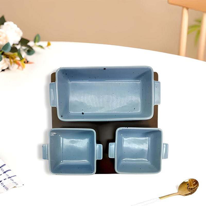 Lemon Tree Ceramic Snack Serving Set 1 Deep Dish Rectangle Bowl 2 Dip Bowls Bamboo Tray Ideal for Serving Snacks Dry Fruits Nuts Desserts Cookies Blue - Image 5