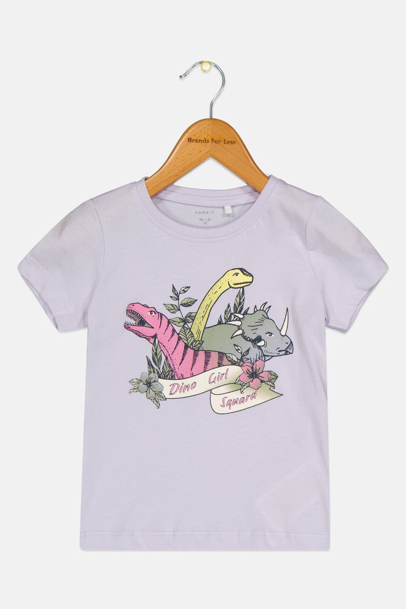 NAME IT تي شيرت قصير الأكمام مطبوع للأطفال البنات، لافندر - Image 1