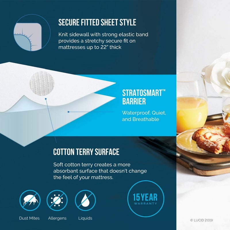 LUCID Premium 100% Waterproof Mattress Protector - Universal Fit, Cotton Terry Top, California King , White - Image 2