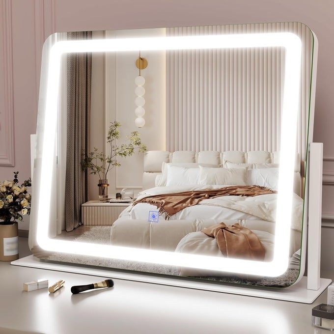 22X19 INCH LIGHTED VANITY MIRROR WITH DIMMABLE LED LIGHTS - 3 COLOR MODES, SMART TOUCH CONTROL & 360 ROTATING BASE - DESK MAKEUP MIRROR (WHITE)