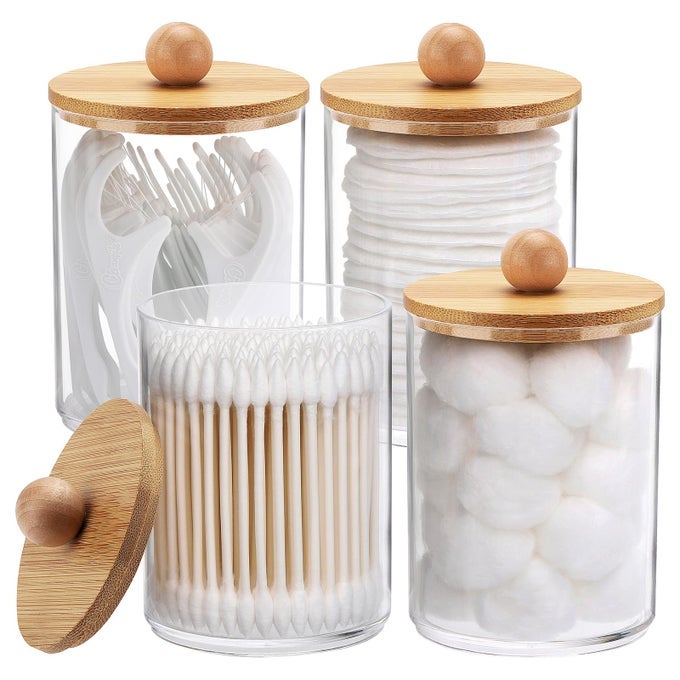 4 PACK QTIP HOLDER 10OUNCE BATHROOM ORGANIZER ACCESSORIES STORAGE CONTAINERS CLEAR PLASTIC APOTHECARY JARS WITH BAMBOO LIDS FOR COTTON BALL COTTON SWAB FLOSS