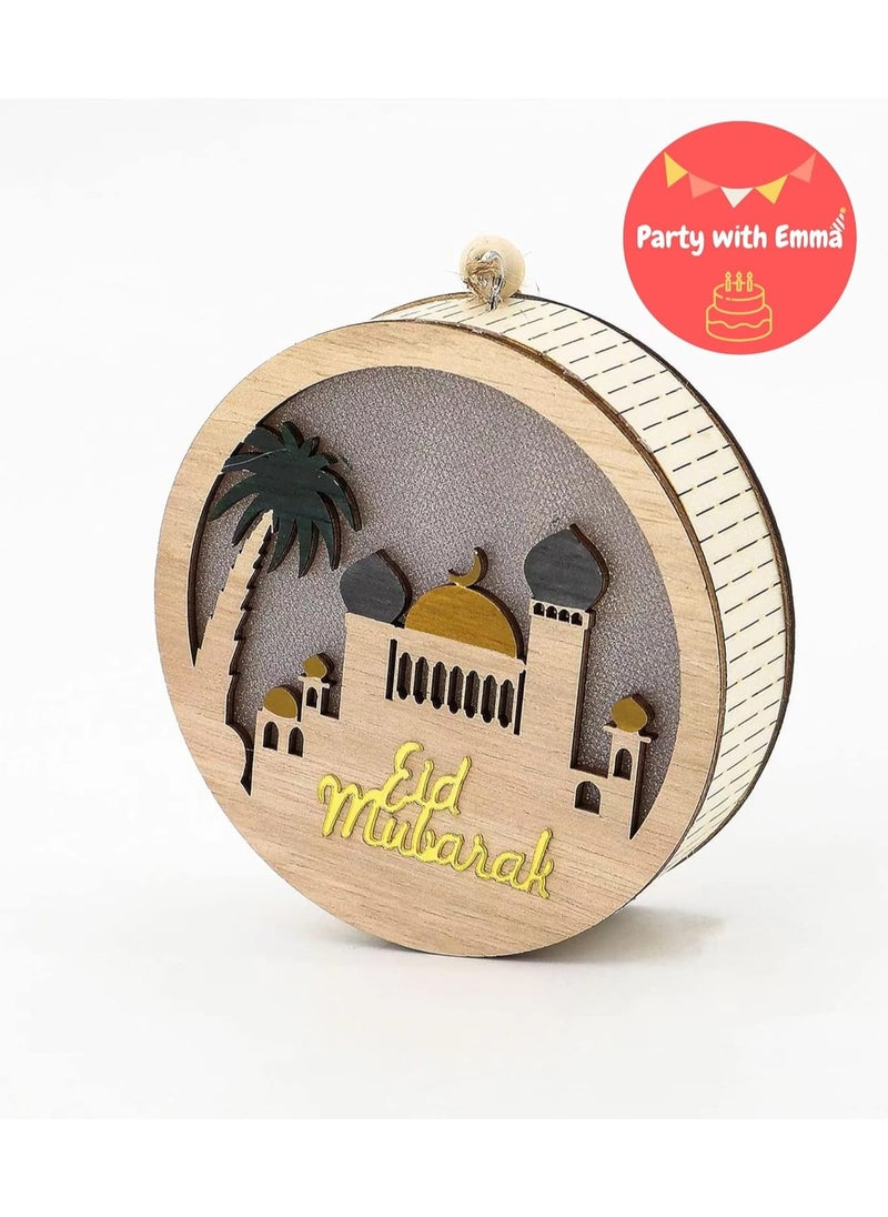 Party with Emma Eid Ramadan Crafts Light Door Hanging Decoration Ramadan Mubarak Lamp Handmade Wooden Star LED Lights Decor Eid Ornaments Gift for Muslims Islamic Wall Table Decor Ramadan Gift (Eid Mubarak)  - Image 2