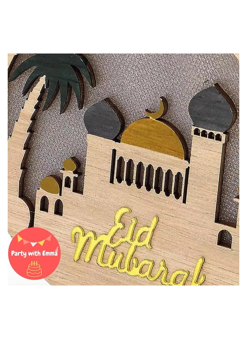 Party with Emma Eid Ramadan Crafts Light Door Hanging Decoration Ramadan Mubarak Lamp Handmade Wooden Star LED Lights Decor Eid Ornaments Gift for Muslims Islamic Wall Table Decor Ramadan Gift (Eid Mubarak)  - Image 5