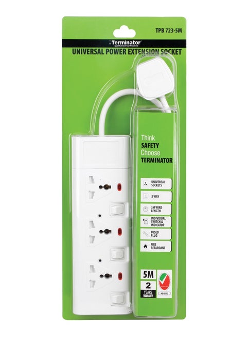 Terminator 3 way 5 meter universal power extension socket