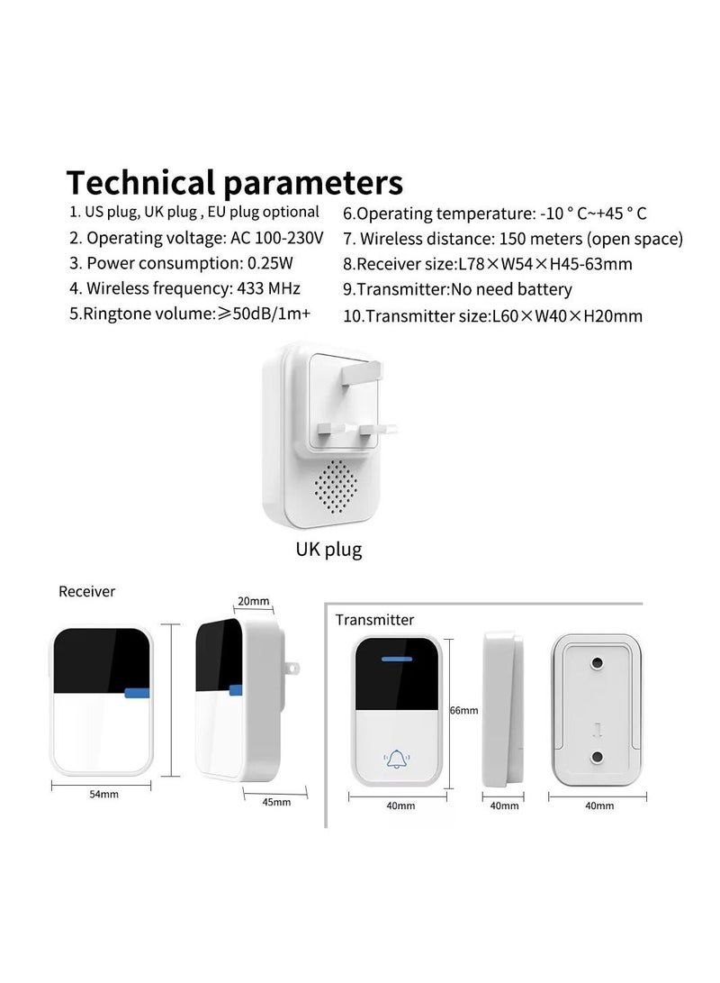 ULHYC Wireless Doorbell, Self Powered No Battery Required Cordless Door Chime Kit Push Waterproof 150M Range with UK Plug - Image 5