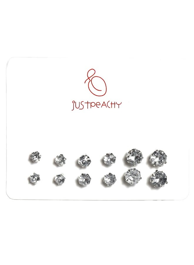 Just Peachy Just Peachy Set of 6 Silver-Plated Stone Studded Circular Studs - Elegant and Versatile Designs - Includes Assorted Styles for Any Occasion - Lightweight and Comfortable - Hypoallergenic and Durable  - Image 1