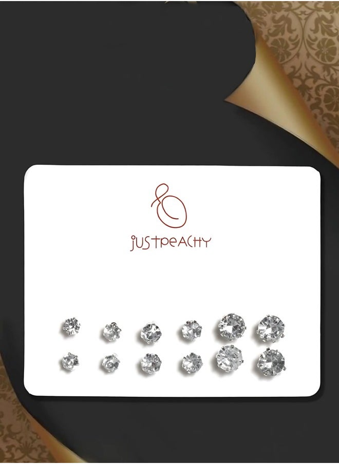 Just Peachy Just Peachy Set of 6 Silver-Plated Stone Studded Circular Studs - Elegant and Versatile Designs - Includes Assorted Styles for Any Occasion - Lightweight and Comfortable - Hypoallergenic and Durable  - Image 3