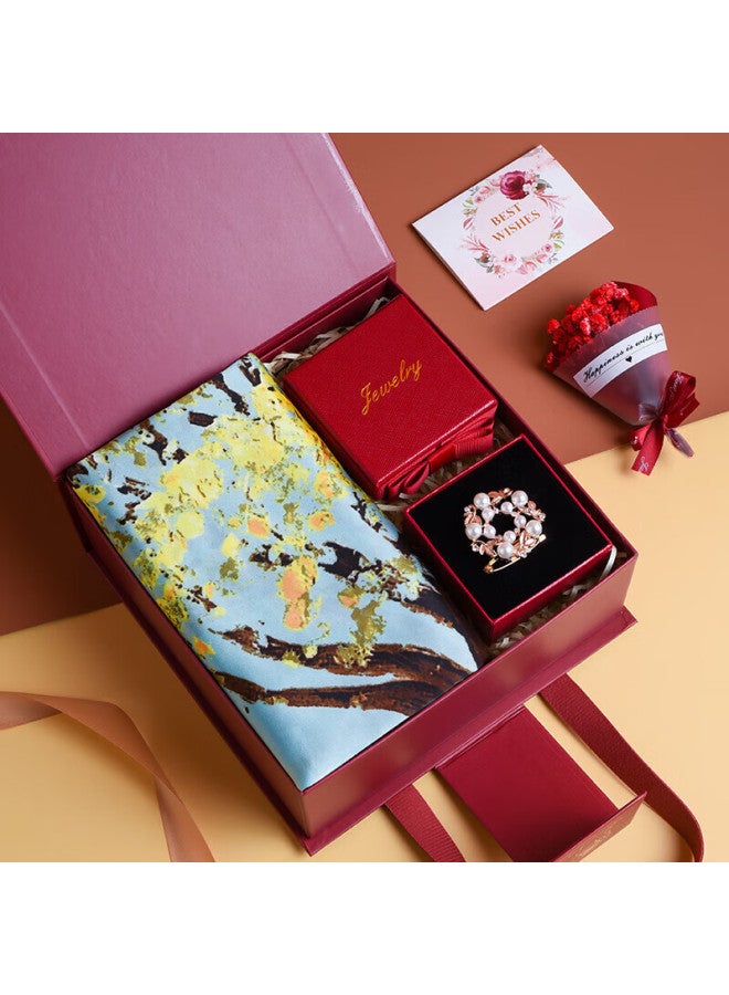 Hang Silk House Hangsi Mansion Silk Scarf Gift Box Set, Two-piece Scarf Shawl For Mother's Birthday Mother's Day Gift Women Practical Brooch Spring Color - Image 1