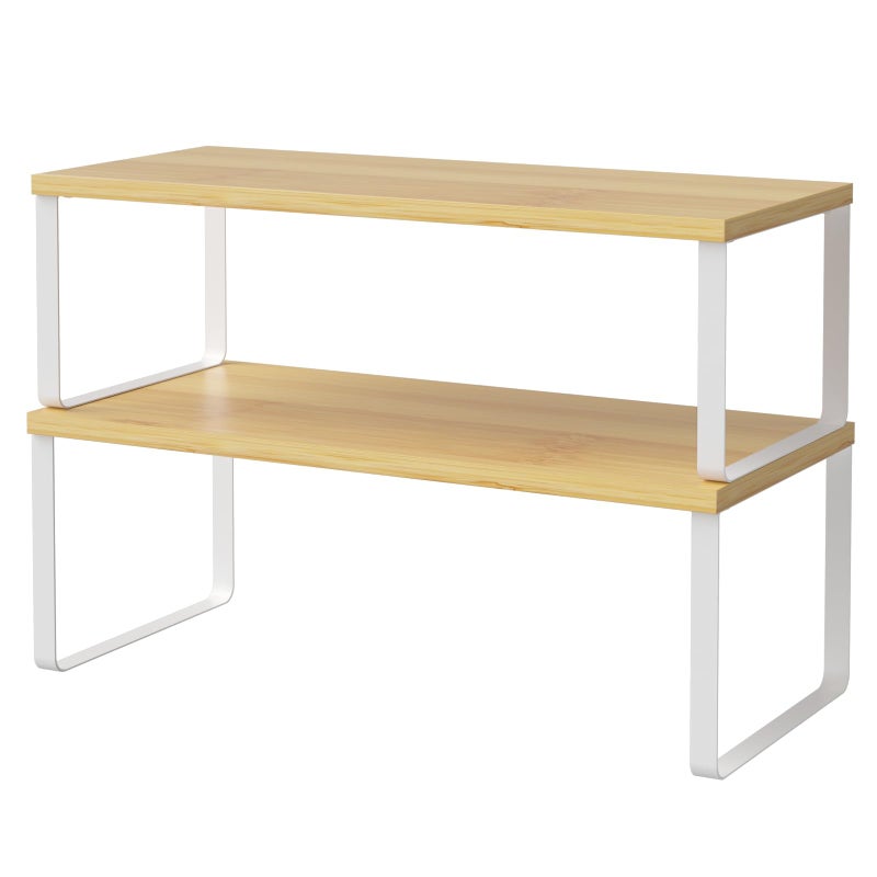 NEX Bamboo Cabinet Organizer Shelf Set of 2 Kitchen Counter Shelves Spice Rack Stackable Kitchen Shelves Organizer Pantry Cupboard Dish Mug Cup Storage Shelf White and Natural