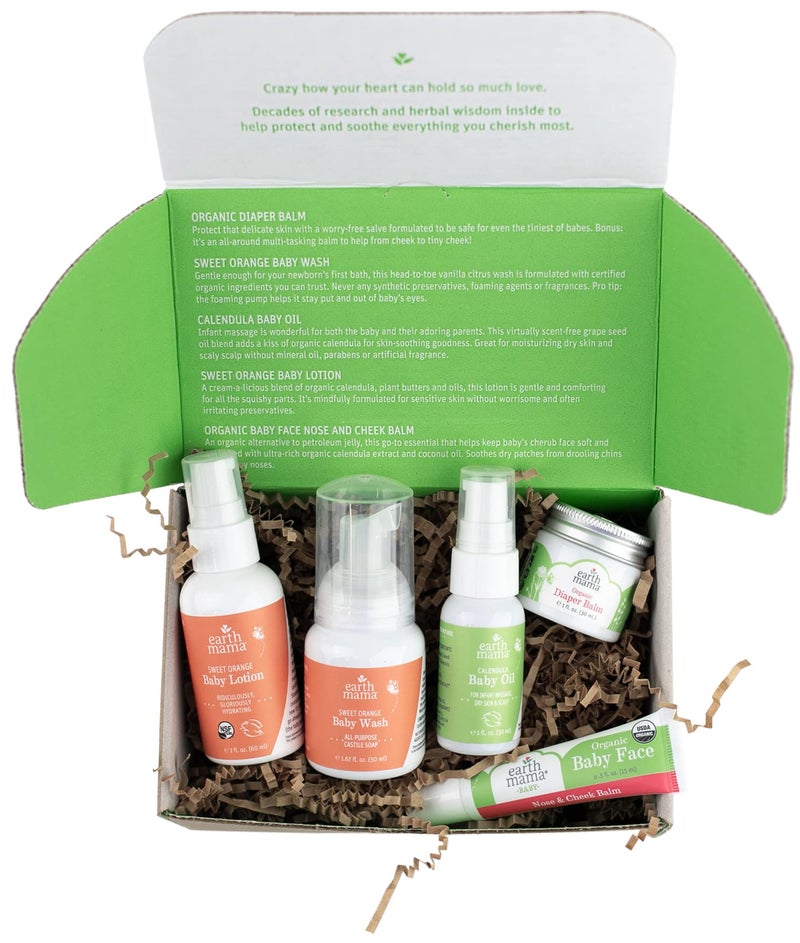 Earth Mama A Little Something for Baby Gift Box |Safe Skin Care Set Newborn Essentials for Baby Shower- Diaper Balm, Face Balm, Calendula Baby Oil, Baby Wash, Baby Lotion, 5 Pieces - Image 1