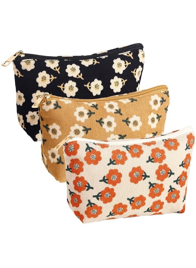 Photect - 3 Pcs Floral Corduroy Makeup Bag Women Travel Toiletry Bag Cosmetic Bag Aesthetic Pouch Zipper Canvas Makeup Bags Set Makeup Organizer Storage Accessories (Cute) - Image 1