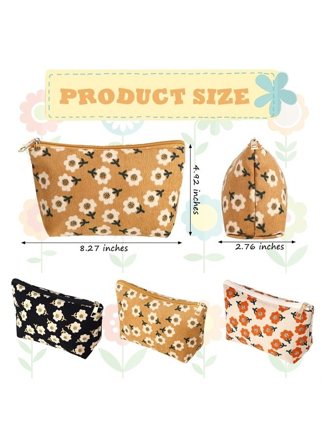 Photect - 3 Pcs Floral Corduroy Makeup Bag Women Travel Toiletry Bag Cosmetic Bag Aesthetic Pouch Zipper Canvas Makeup Bags Set Makeup Organizer Storage Accessories (Cute) - Image 1