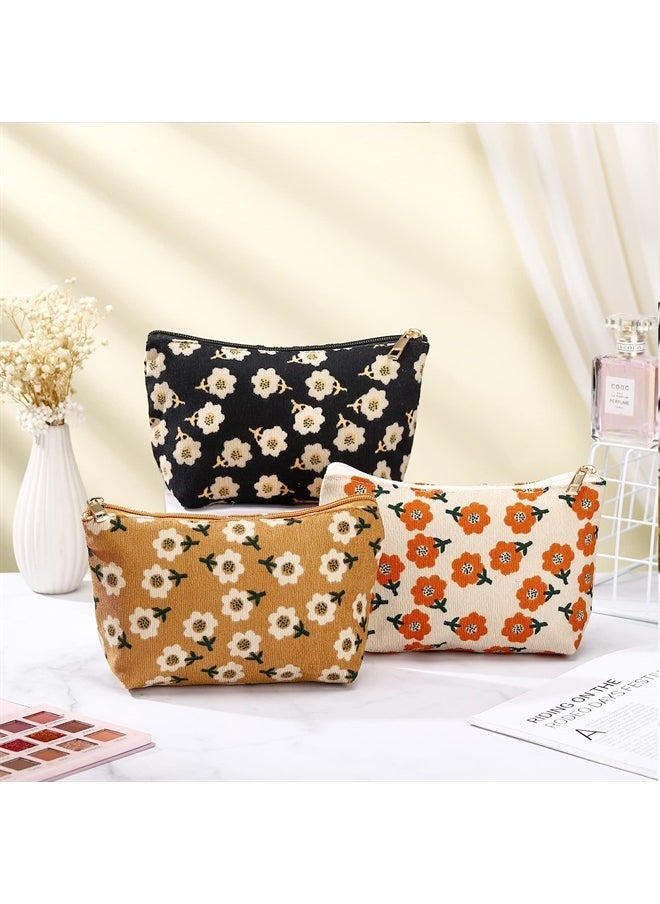 Photect - 3 Pcs Floral Corduroy Makeup Bag Women Travel Toiletry Bag Cosmetic Bag Aesthetic Pouch Zipper Canvas Makeup Bags Set Makeup Organizer Storage Accessories (Cute) - Image 1