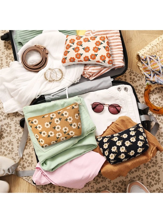 Photect - 3 Pcs Floral Corduroy Makeup Bag Women Travel Toiletry Bag Cosmetic Bag Aesthetic Pouch Zipper Canvas Makeup Bags Set Makeup Organizer Storage Accessories (Cute) - Image 1