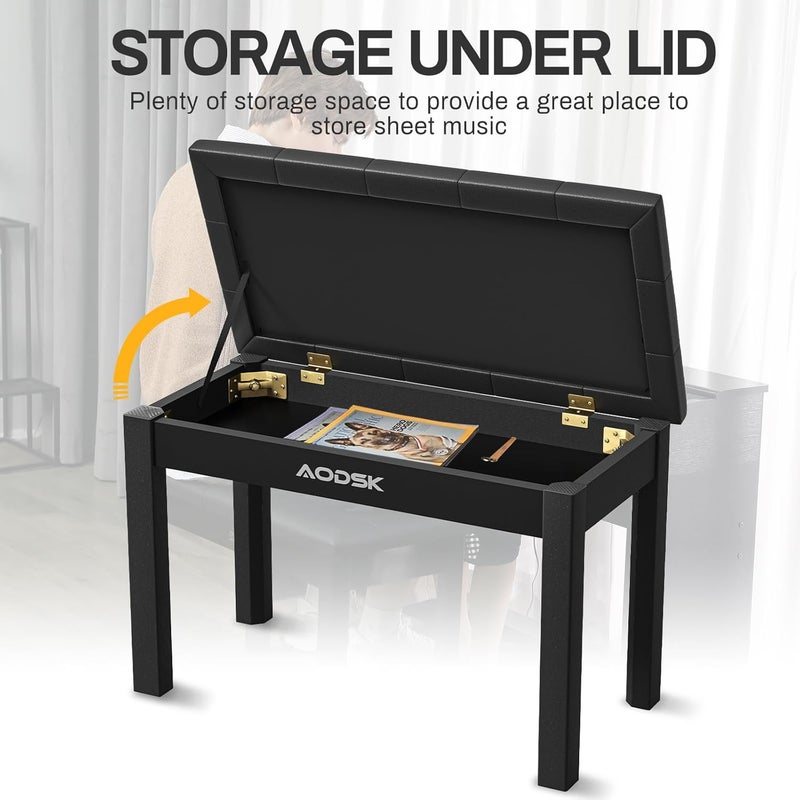 AODSK Wooden Duet Piano Bench with Padded Cushion and Storage Compartment for Music Books 29.13''x12.99''x18.11''(Black) (Duet Piano Bench) - Image 5