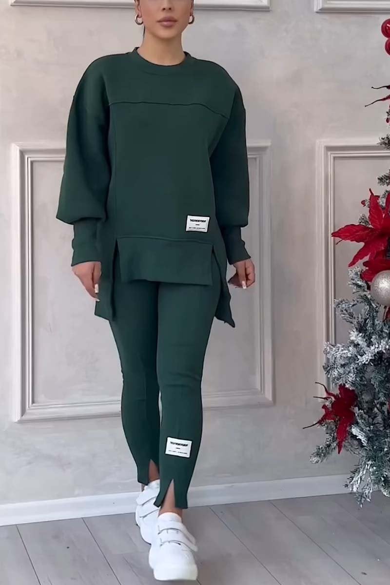 Europe and the United States Amazon independent station cross-border womens irregular long sleeve printed sweater leggings suit Green - Image 1