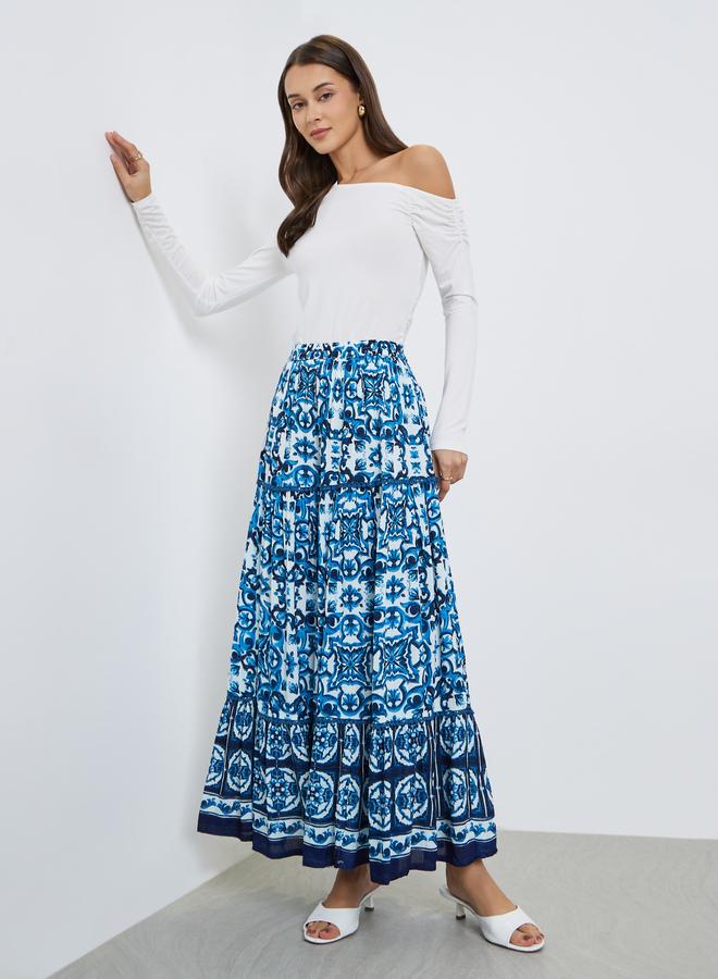 Styli Blue Tile Print A-Line Maxi Skirt - Image 1