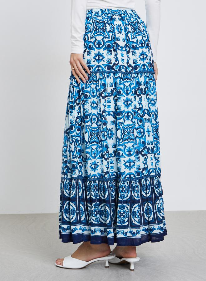Styli Blue Tile Print A-Line Maxi Skirt - Image 4