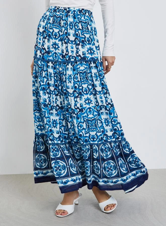 Styli Styli Blue Tile Print A-Line Maxi Skirt
