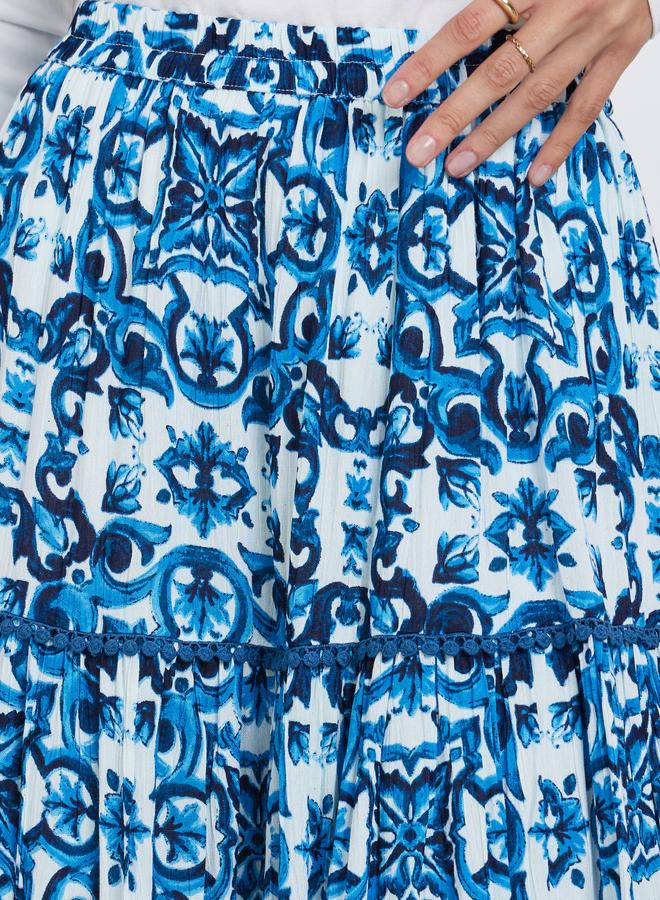 Styli Blue Tile Print A-Line Maxi Skirt - Image 3