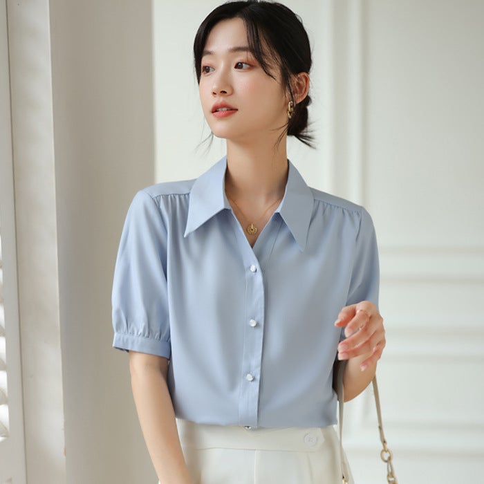 Official figure [original fabric three standard neat] spring and summer new white short sleeve shirt womens fashion commuter formal wear Blue - Image 1