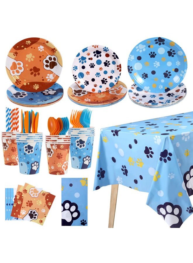 zapbampow Cute Blue Paw Birthday Party Supplies Serves 20 Guests, 161CT Blue&Orange Dog Paw Print Party Dinnerware Dcorations, Pretty Puppy Plate, Tablecloth, Napkin, Cup for Birthday, Kids'Party, Baby Shower - Image 1