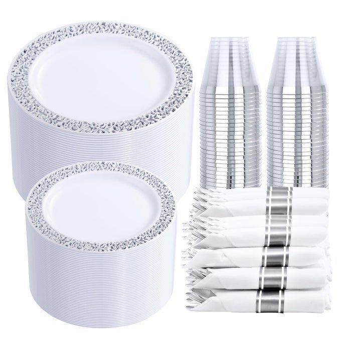 210PCS SILVER PLASTIC DINNERWARE SET SILVER DISPOSABLE PLATES INCLUDES30 DINNER PLATES30 SALAD PLATES30 CUPS 9 OZ AND 30 PRE ROLLED NAPKINS WITH CUTLERY HEAVY DUTY FOR PARTY