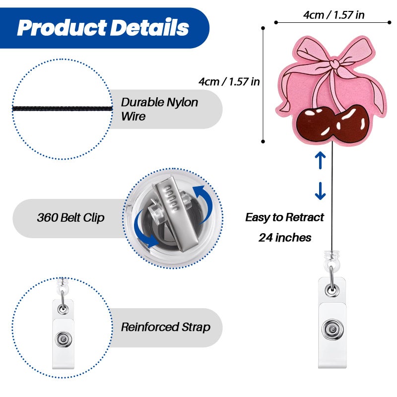 BEZTN Pink Bow Cherry Badge Reel  Cute Retractable Id Card Badge Holder  Name Tag Work Badge Clip For Nicu Rn Lpn Cna Ma Er Night Shift Nurse Nursing Student Pediatric Ob/Gyn Doctor Teacher  Nurse Gifts - Image 4