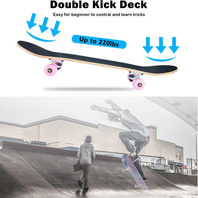 CLYCTIP Skateboard,31 x 8 inch Complete Skateboards for Beginners,8 Layer Maple Concave Cruiser Trick Skate Board for Teens and Adults (Pink-JG) - Image 3