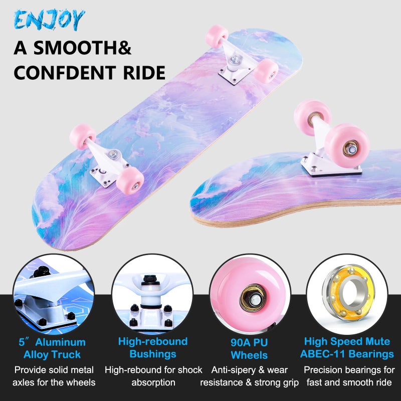 CLYCTIP Skateboard,31 x 8 inch Complete Skateboards for Beginners,8 Layer Maple Concave Cruiser Trick Skate Board for Teens and Adults (Pink-JG) - Image 2