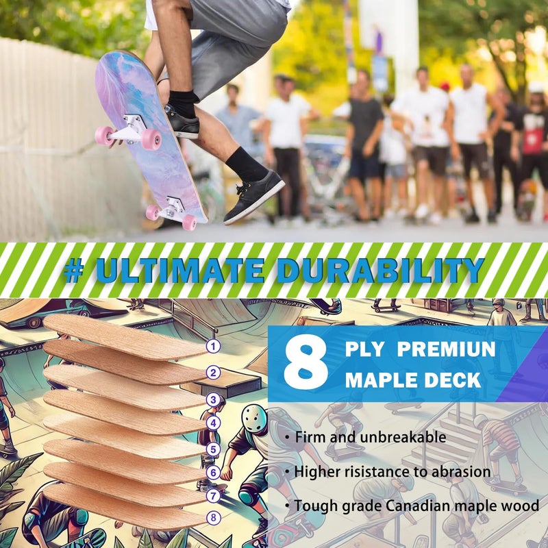 CLYCTIP Skateboard,31 x 8 inch Complete Skateboards for Beginners,8 Layer Maple Concave Cruiser Trick Skate Board for Teens and Adults (Pink-JG) - Image 4