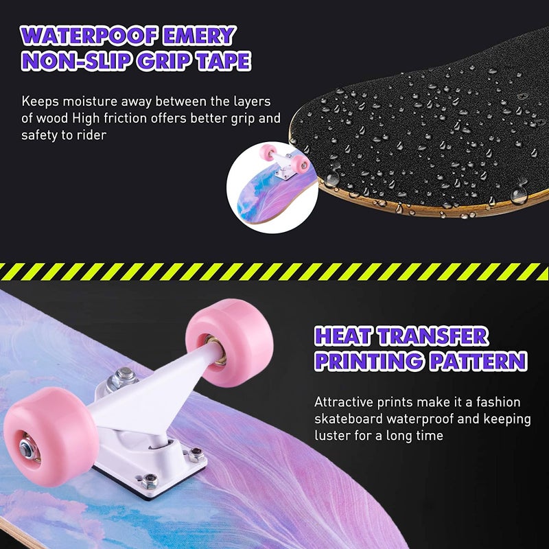 CLYCTIP Skateboard,31 x 8 inch Complete Skateboards for Beginners,8 Layer Maple Concave Cruiser Trick Skate Board for Teens and Adults (Pink-JG) - Image 5