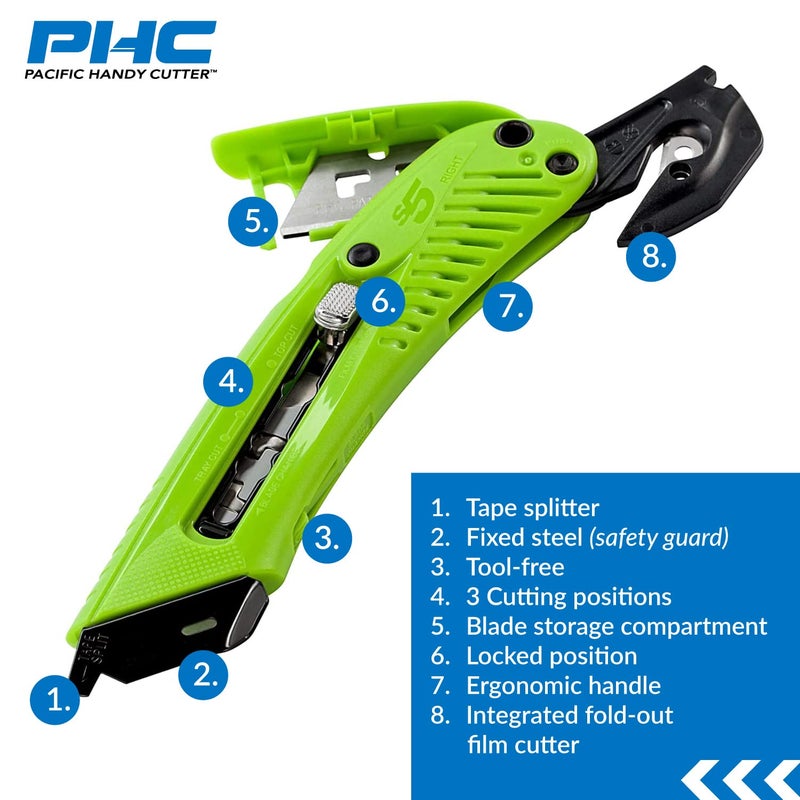 قاطع الأمان Pacific Handy Cutter S5R، سكين متعددة الاستخدامات قابلة للسحب لليد اليمنى وقاطع أفلام مريح، مقسم شريط بدون شفرة، واقي فولاذ��، حماية السلامة والأضرار، قطع في المستودع والمتجر - Image 3