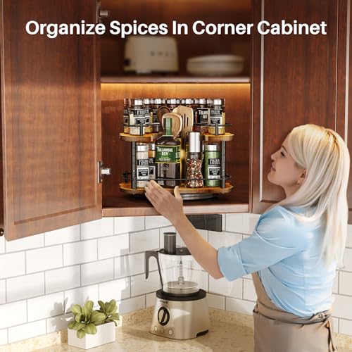 SNTD Lazy Susan Organizer Spice Rack - Spice Organization for Cabinet Height Adjustable Rotating Lazy Turntable, Pantry Kitchen Wood Revolving Seasoning Organizer (12 Inch) - Image 2