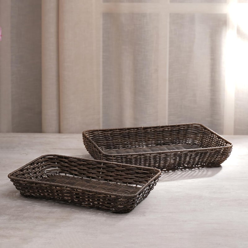 PURE HOME + LIVING Pure Home + Living Set of 2 Brown Resin Wicker Trays, Storage Basket For Bathroom Dressing Table Cabinets, Wardrobe Basket (Big Tray - 45cm x 30cm x 7cm, Small Tray - 40cm x 25xm x 6cm)  - Image 2