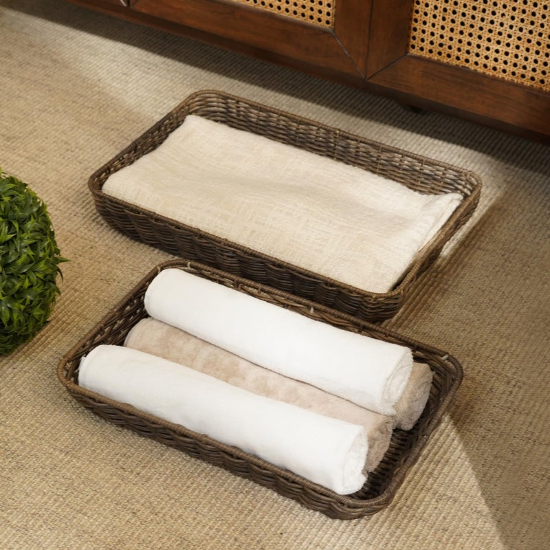 PURE HOME + LIVING Pure Home + Living Set of 2 Brown Resin Wicker Trays, Storage Basket For Bathroom Dressing Table Cabinets, Wardrobe Basket (Big Tray - 45cm x 30cm x 7cm, Small Tray - 40cm x 25xm x 6cm)  - Image 1