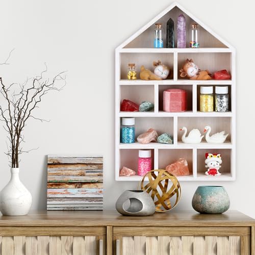 Threehoney House Shaped Wooden Shadow Cubby Box 10 W x 2 1/4 D x 15 H Hanging Display Shelf Organizer Wall Mounted Curio Cabinet Wooden Display Case Miniature Shelf for Figures(Wood Color) - Image 5