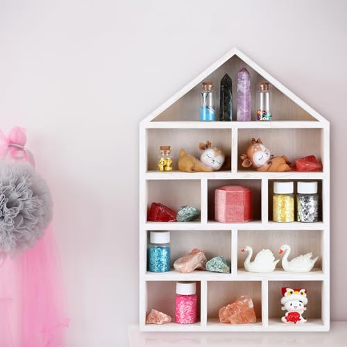 Threehoney House Shaped Wooden Shadow Cubby Box 10 W x 2 1/4 D x 15 H Hanging Display Shelf Organizer Wall Mounted Curio Cabinet Wooden Display Case Miniature Shelf for Figures(Wood Color) - Image 4