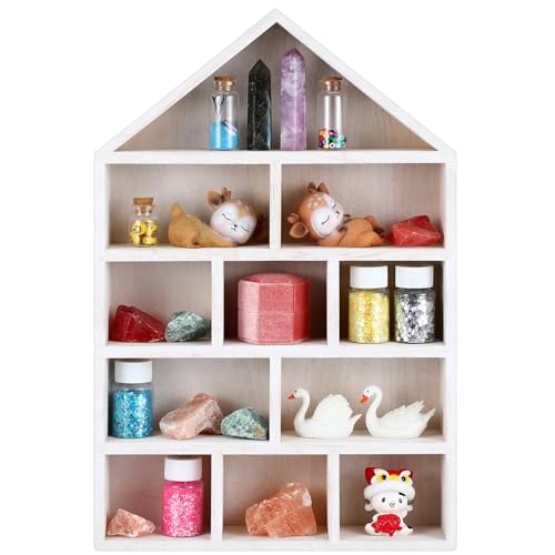 Threehoney House Shaped Wooden Shadow Cubby Box 10 W x 2 1/4 D x 15 H Hanging Display Shelf Organizer Wall Mounted Curio Cabinet Wooden Display Case Miniature Shelf for Figures(Wood Color) - Image 1