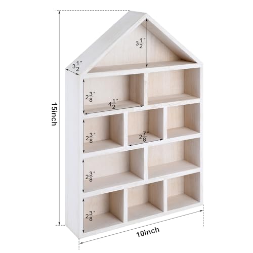 Threehoney House Shaped Wooden Shadow Cubby Box 10 W x 2 1/4 D x 15 H Hanging Display Shelf Organizer Wall Mounted Curio Cabinet Wooden Display Case Miniature Shelf for Figures(Wood Color) - Image 2