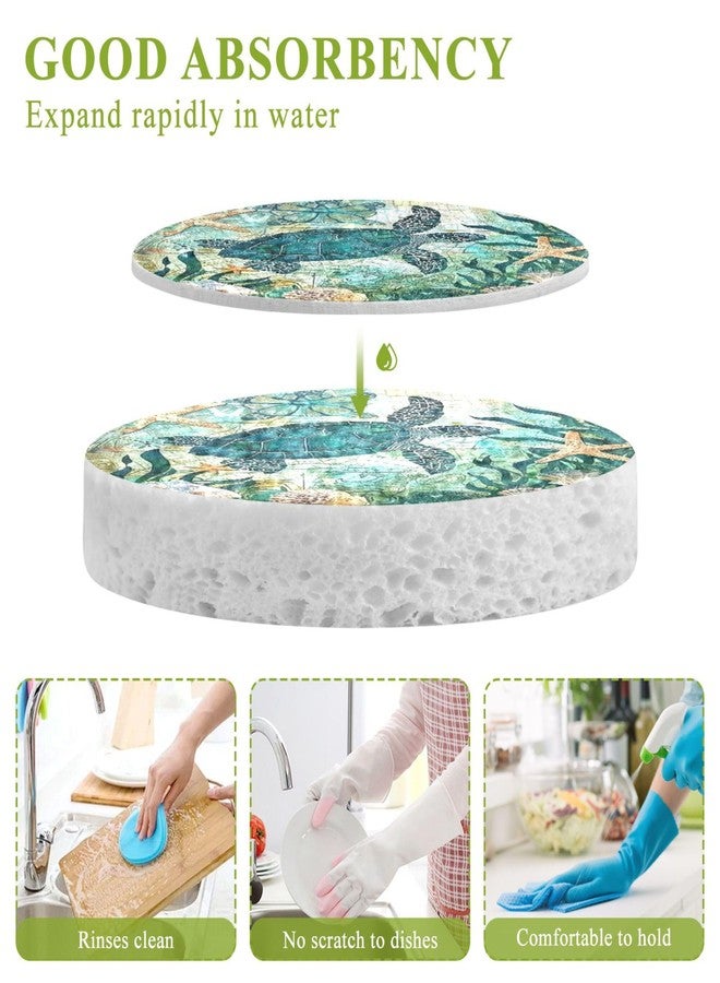 Ceiurey Sea Turtle Nautical Theme Scrub Sponges Expanding Coastal Starfish Shell Kitchen Cleaning Sponge Washing Dishes Non-Scratch Compressed Sponges Foam Compostable Pop up Sponges 3 Pieces - Image 3