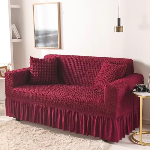 Lukzer 320 GSM Wine Red 4 Seater Turkish Sofa Cover Universal Couch Protector Bubble Fabric with Frill Universal Big Elasticity Furniture Slipcover (280-350cm/SC-098-04) - Image 1