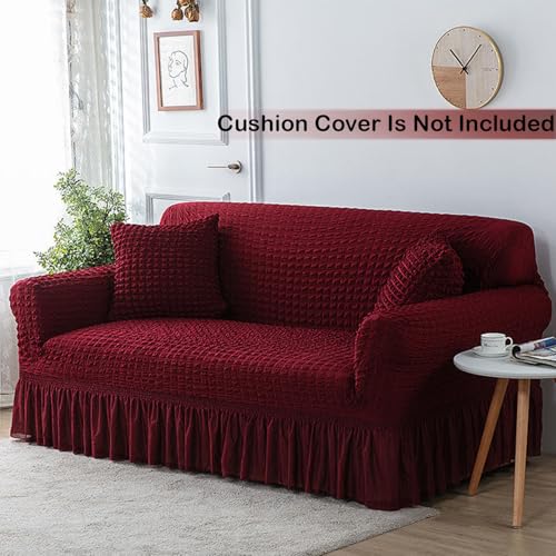Lukzer 320 GSM Wine Red 4 Seater Turkish Sofa Cover Universal Couch Protector Bubble Fabric with Frill Universal Big Elasticity Furniture Slipcover (280-350cm/SC-098-04) - Image 4