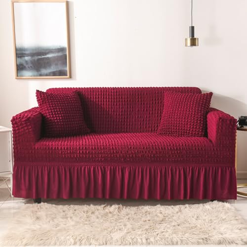 Lukzer 320 GSM Wine Red 4 Seater Turkish Sofa Cover Universal Couch Protector Bubble Fabric with Frill Universal Big Elasticity Furniture Slipcover (280-350cm/SC-098-04) - Image 2