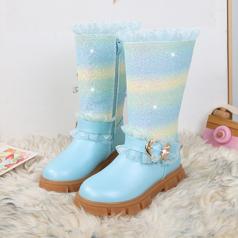 Girls Martin Boots Winter New Fleece-Lined Mid-High Boots Princess Elsa High Heel Little Girls Children'S Shoes - Image 2