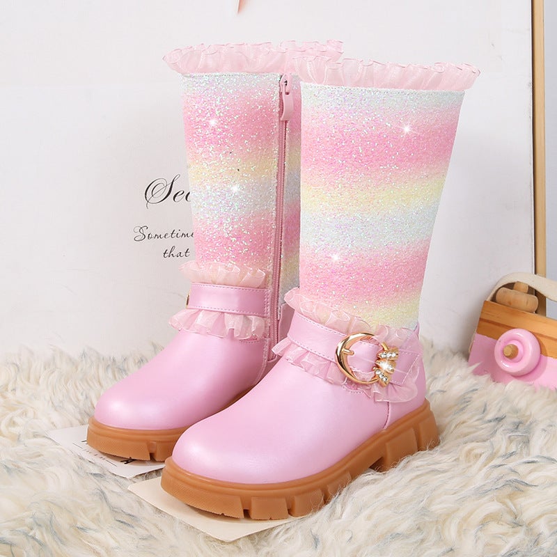 Girls Martin Boots Winter New Fleece-Lined Mid-High Boots Princess Elsa High Heel Little Girls Children'S Shoes - Image 3