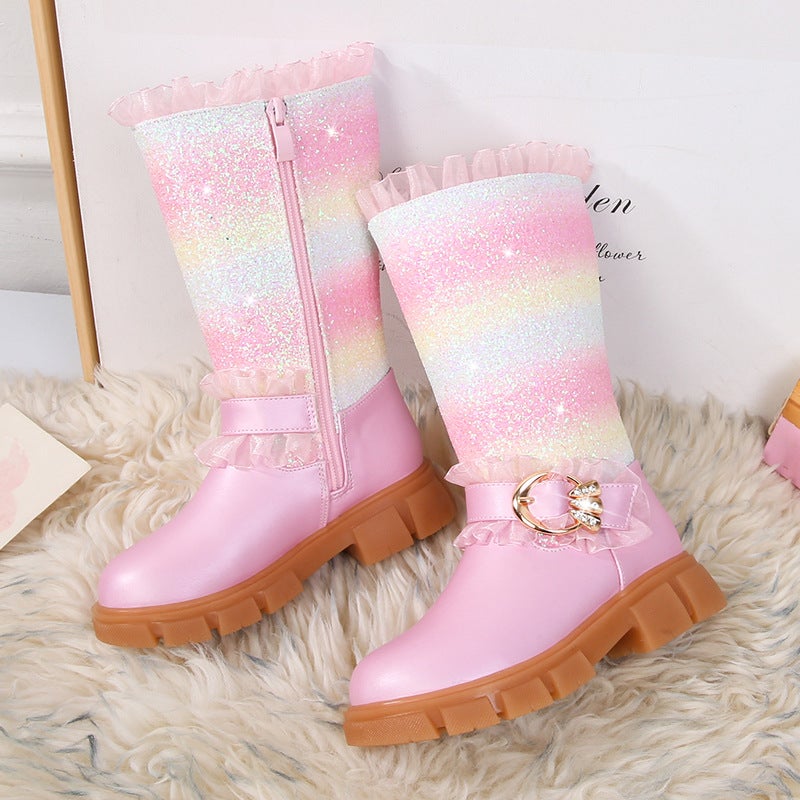 Girls Martin Boots Winter New Fleece-Lined Mid-High Boots Princess Elsa High Heel Little Girls Children'S Shoes - Image 5
