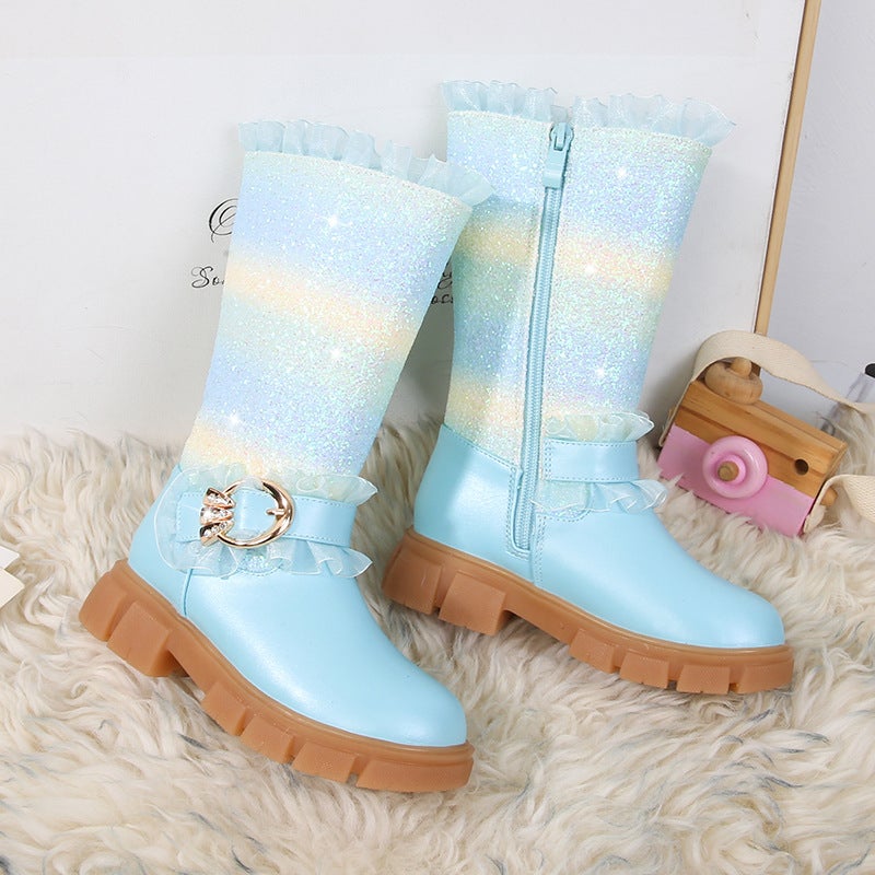 Girls Martin Boots Winter New Fleece-Lined Mid-High Boots Princess Elsa High Heel Little Girls Children'S Shoes - Image 4